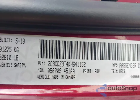 2019 Dodge Challenger R/T z USA, uszkodzony, nr VIN 2C3CDZBT4KH641152